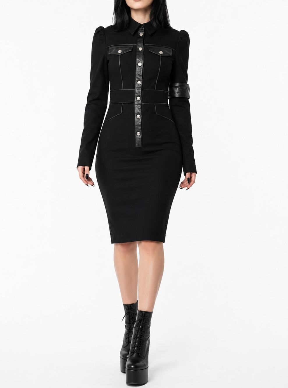 KILLSTAR Midi Dress Army Of Darkness Leather Trim Long Sleeve Military Gothic
